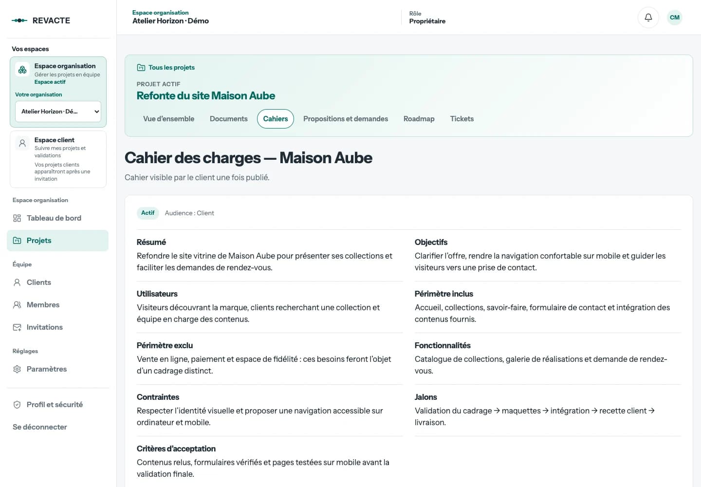 Démonstration de l’interface française de REVACTE montrant les sections d’un cahier des charges
