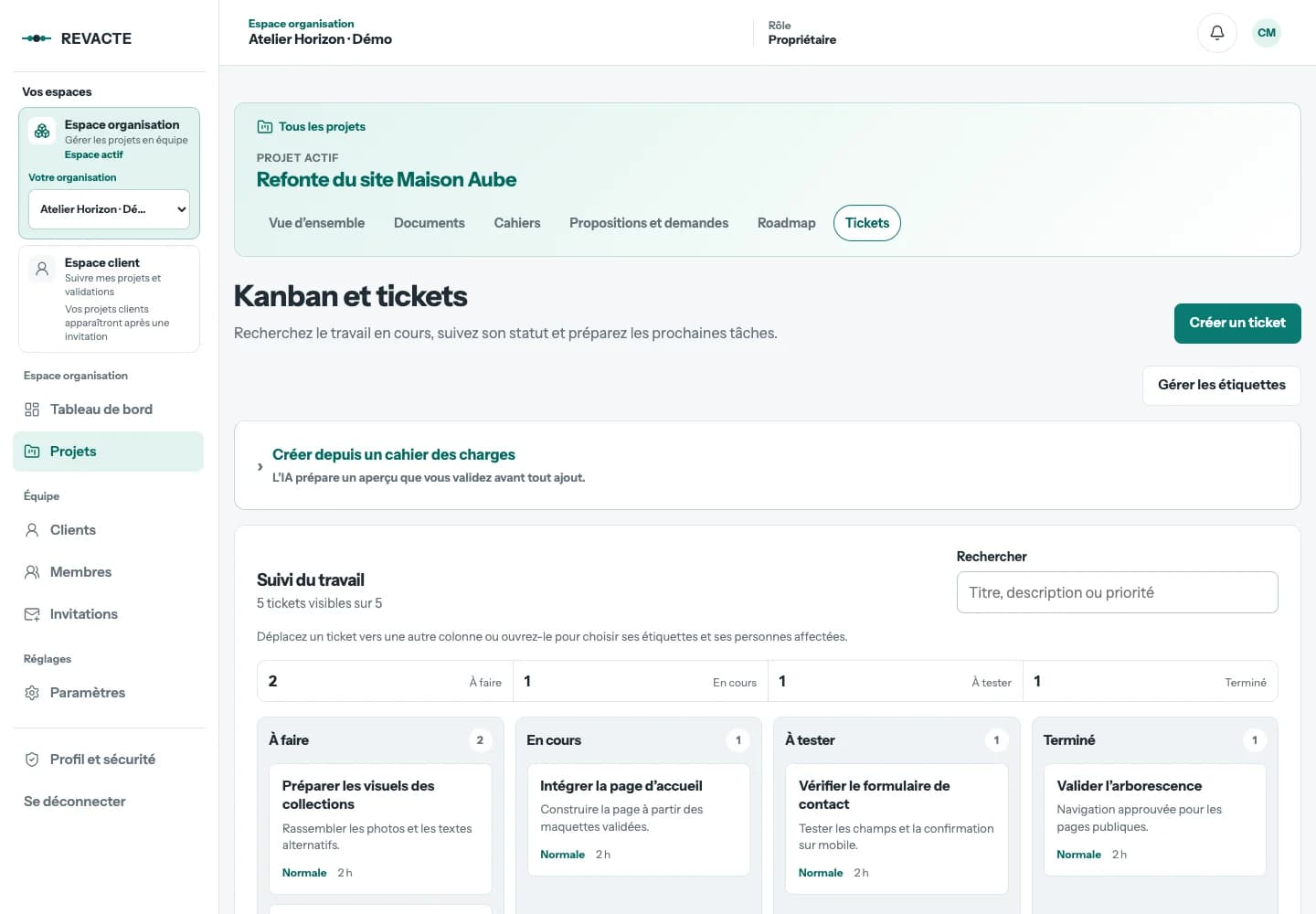 Demonstration of the French REVACTE interface showing ticket tracking for a client project
